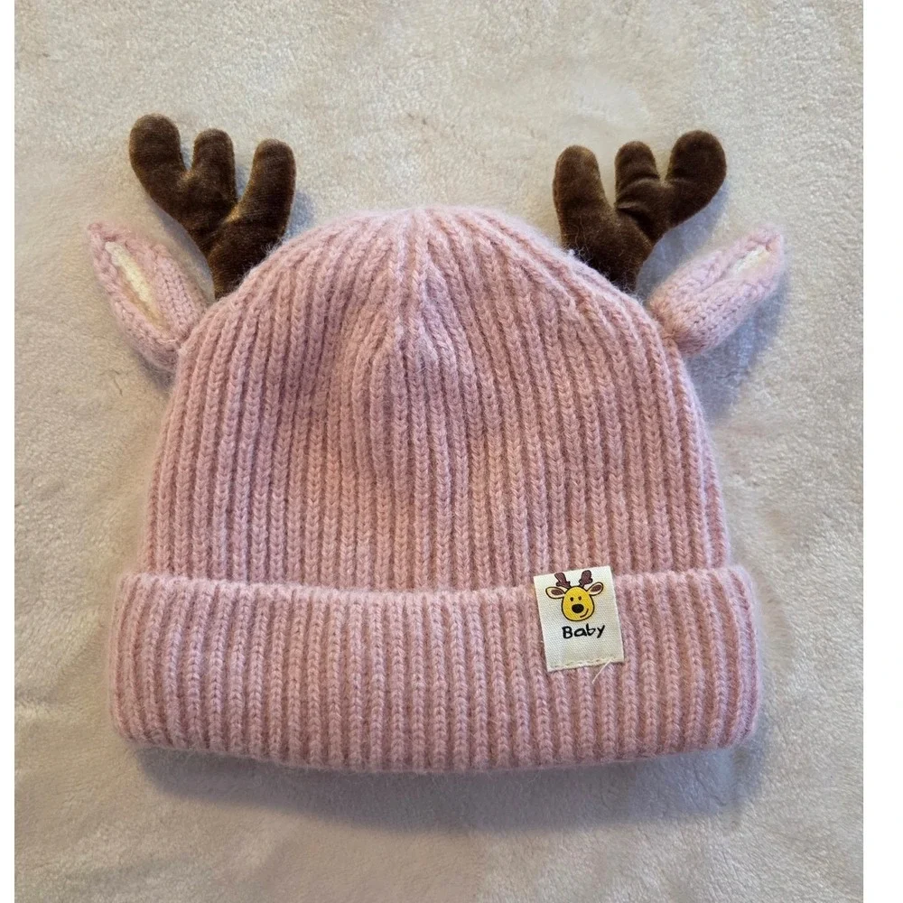 Baby Deer Antler Winter Hat Pink Knit‎ Infant Beanie Baby